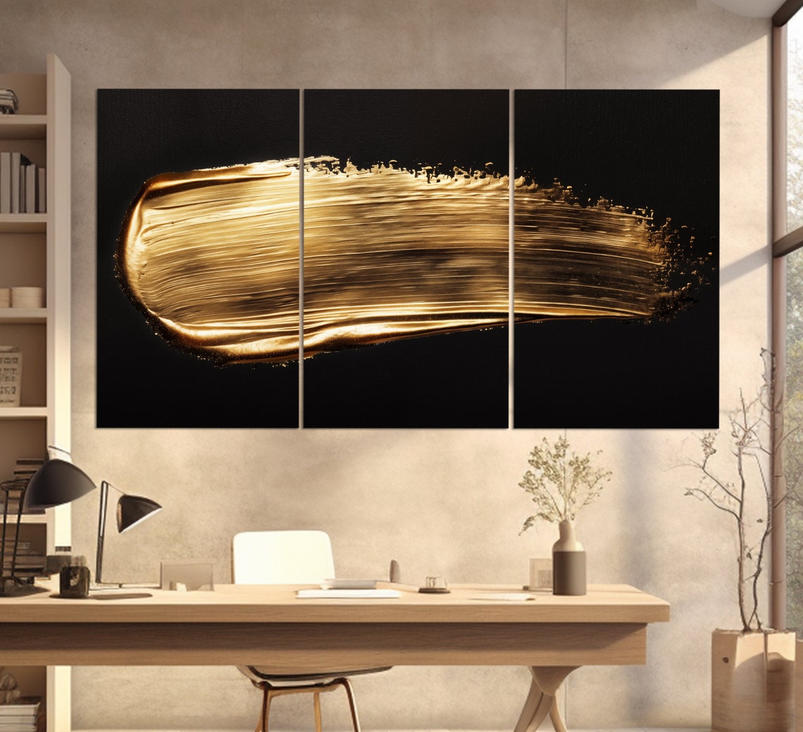 Gold Paint Brushstroke Smear Abstract Black Background Wall Art - Image 2