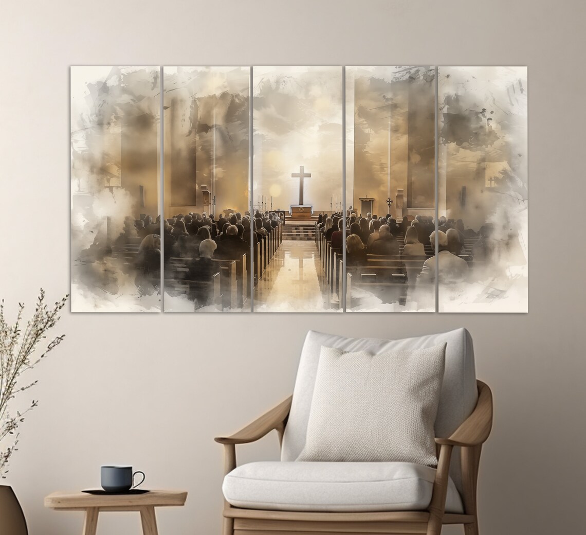 Church Sanctuary Cross Congregation Worship Soft Sepia Watercolor Art Print - Image 2