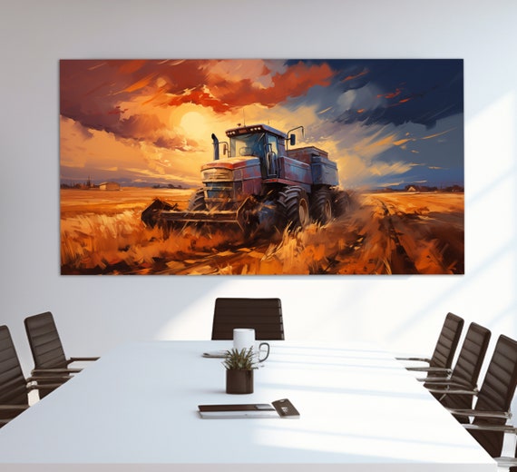 Harvester Print In An Oil Painting Style Agricultural Wall Decor Harvesting Wall Art Wheat Field Painting Farmhouse Wall Decor