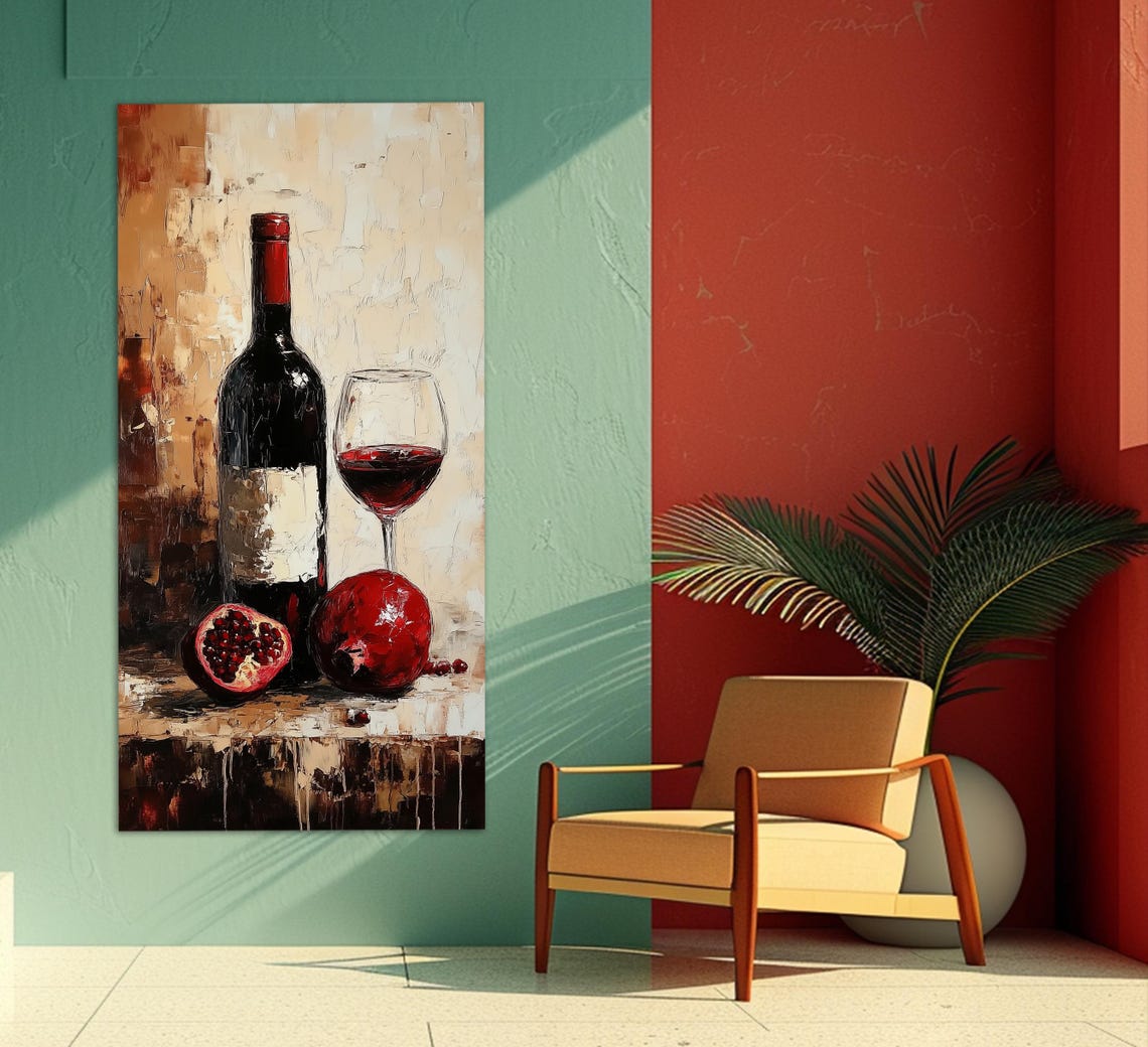 Red Wine Bottle Glass and Pomegranate Still Life Oil Painting Poster - Image 3