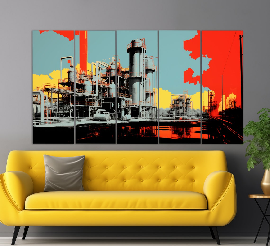 Industrial Refinery Plant Pop Art Red Yellow Teal Modern Art Poster - Image 2
