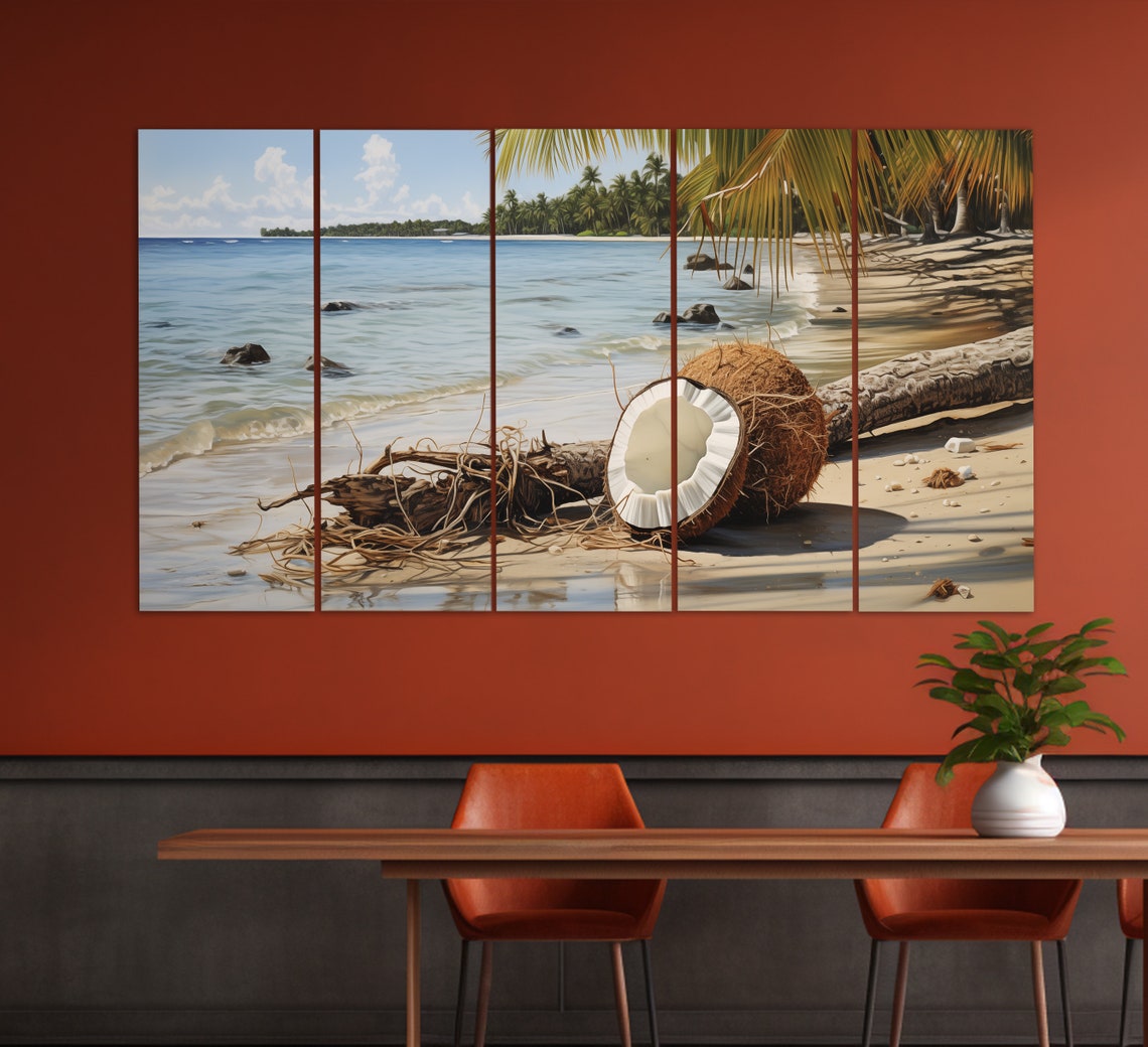 Split Coconut on Tropical Beach Palm Trees Ocean View Travel Poster - Image 5