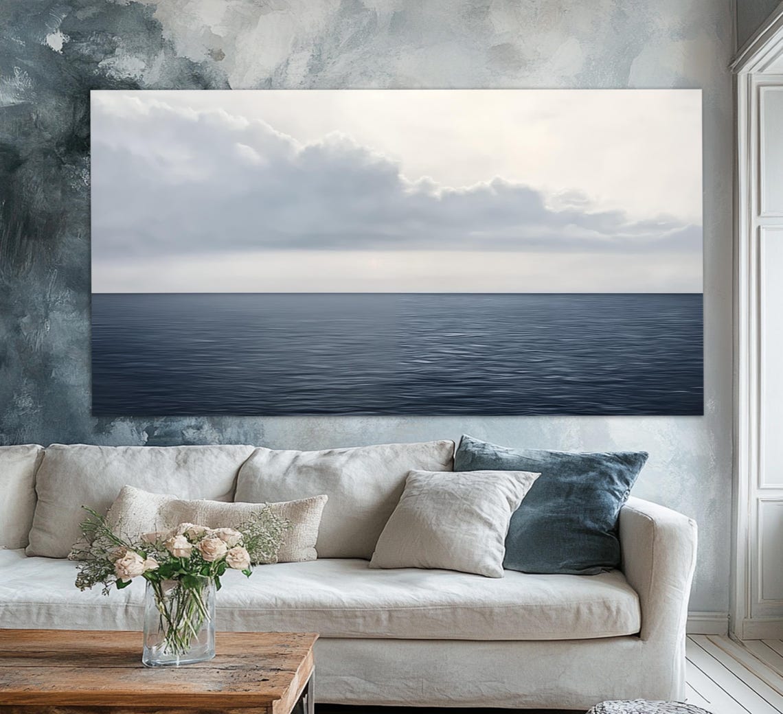 Minimalist Dark Blue Ocean Horizon Cloudy Sky Calm Seascape Poster - Image 2
