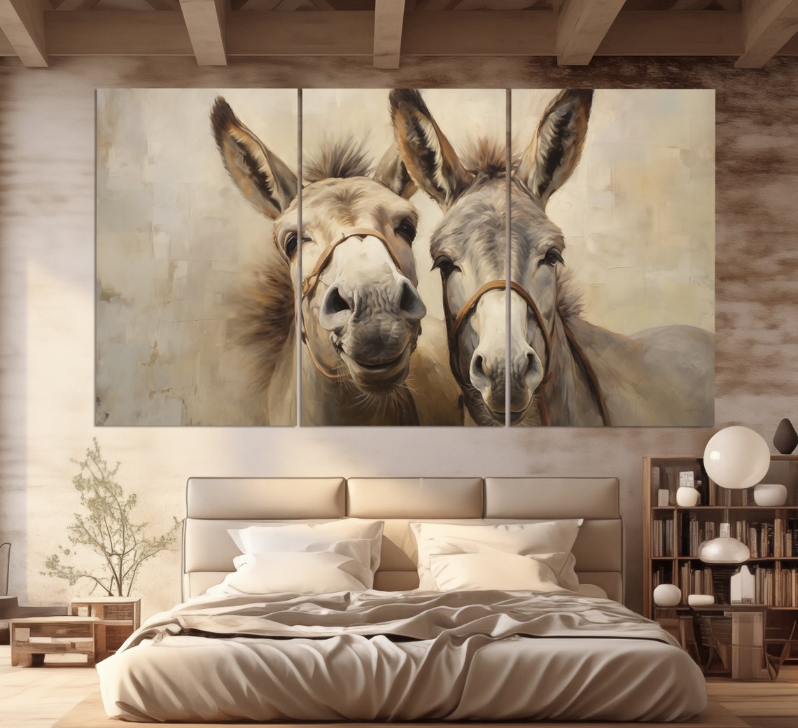 Two Cute Donkeys Close Up Portrait Painting Style Neutral Tones Poster - Image 5