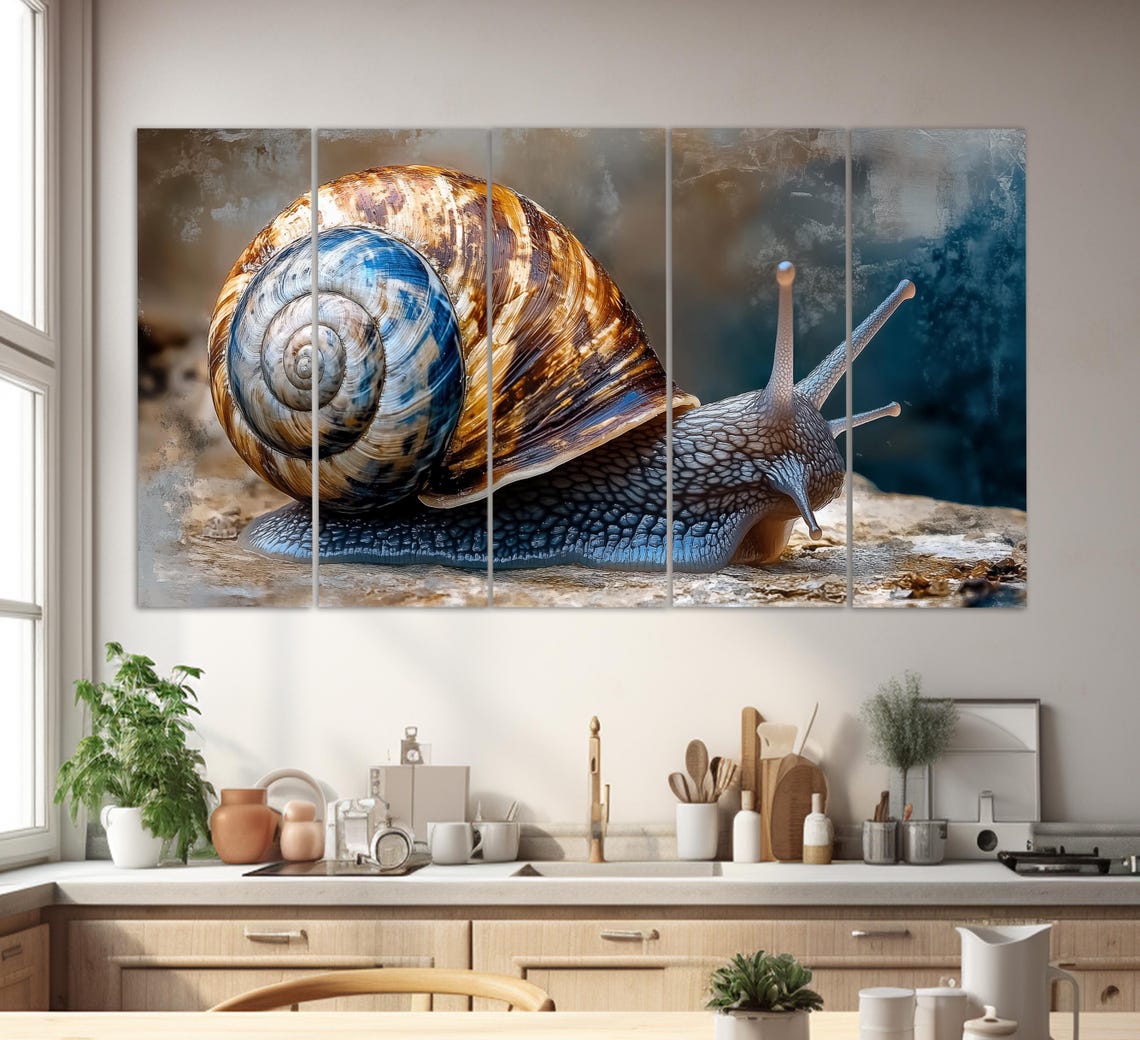 Painted Snail Portrait Spiral Shell Blue Brown Macro Art Wall Poster - Image 2