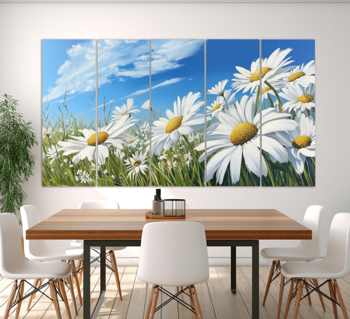 White Daisy Field Meadow Under Blue Sky Bloom Triptych Wall Art - Image 2