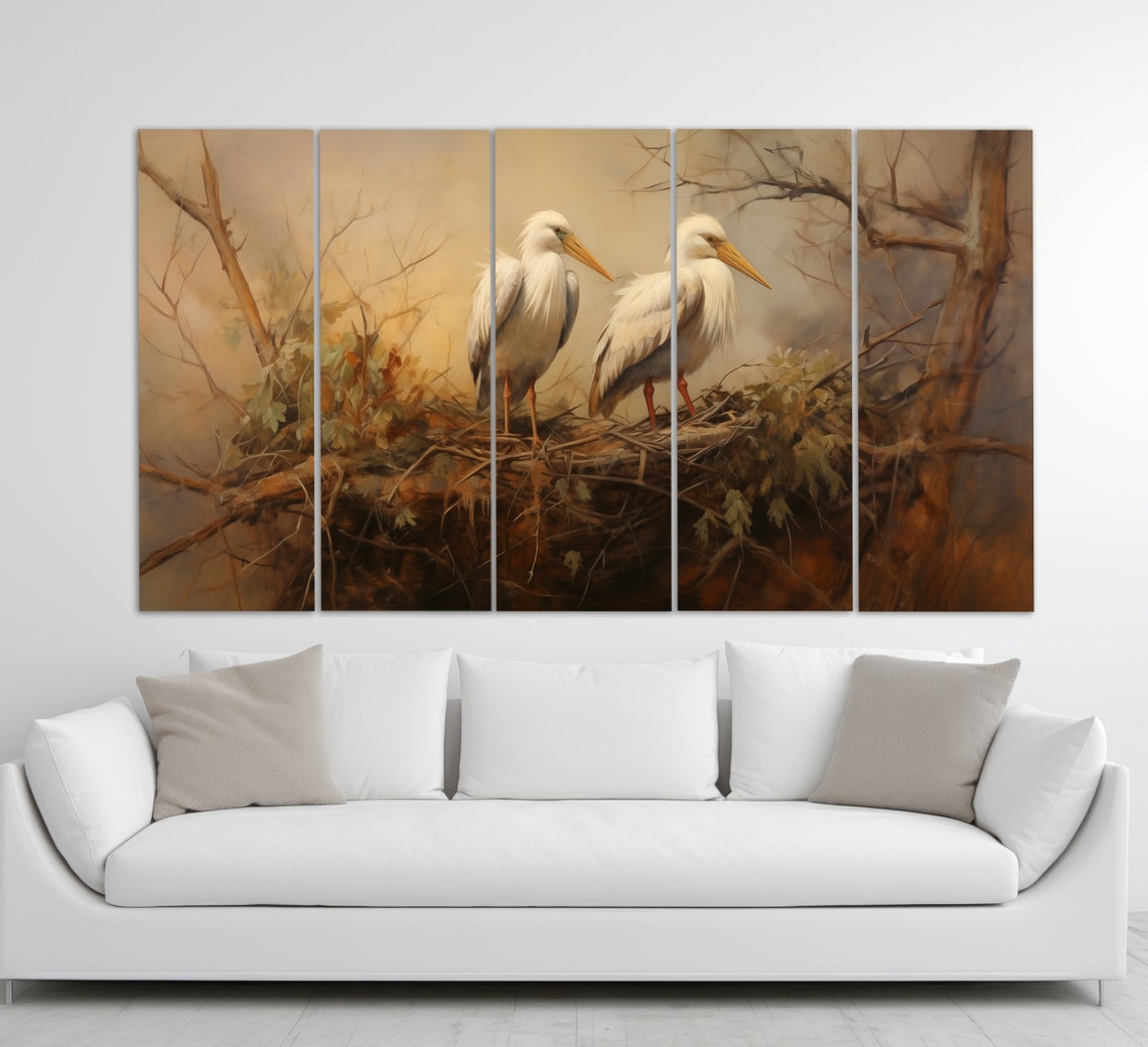 White Birds Nesting Branch Warm Toned Vintage Bird Art Poster - Image 2