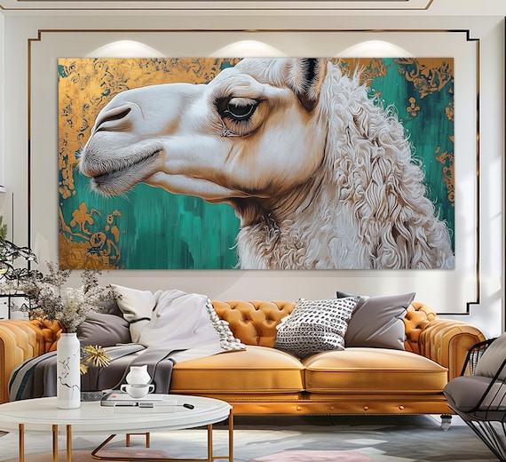White Camel Portrait Emerald Green Gold Background Eastern Art Poster