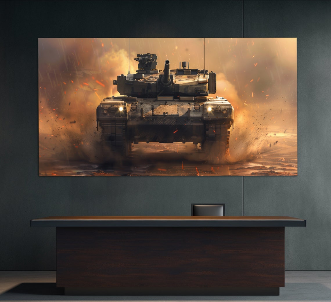 Challenger 2 Battle Tank Head-On Fiery Combat Scene Military Art Print