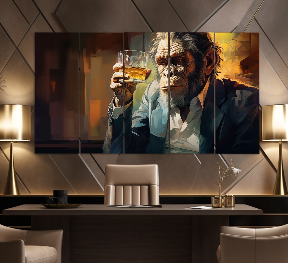 Chimpanzee In Suit Holding Glass Of Whiskey Humorous Office Bar Wall Art - Image 4