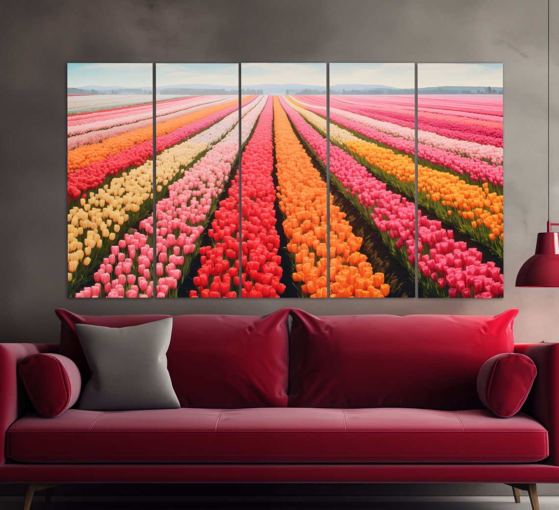 Colorful Tulip Fields Rows Pink Red Spring Flower Landscape Poster - Image 2