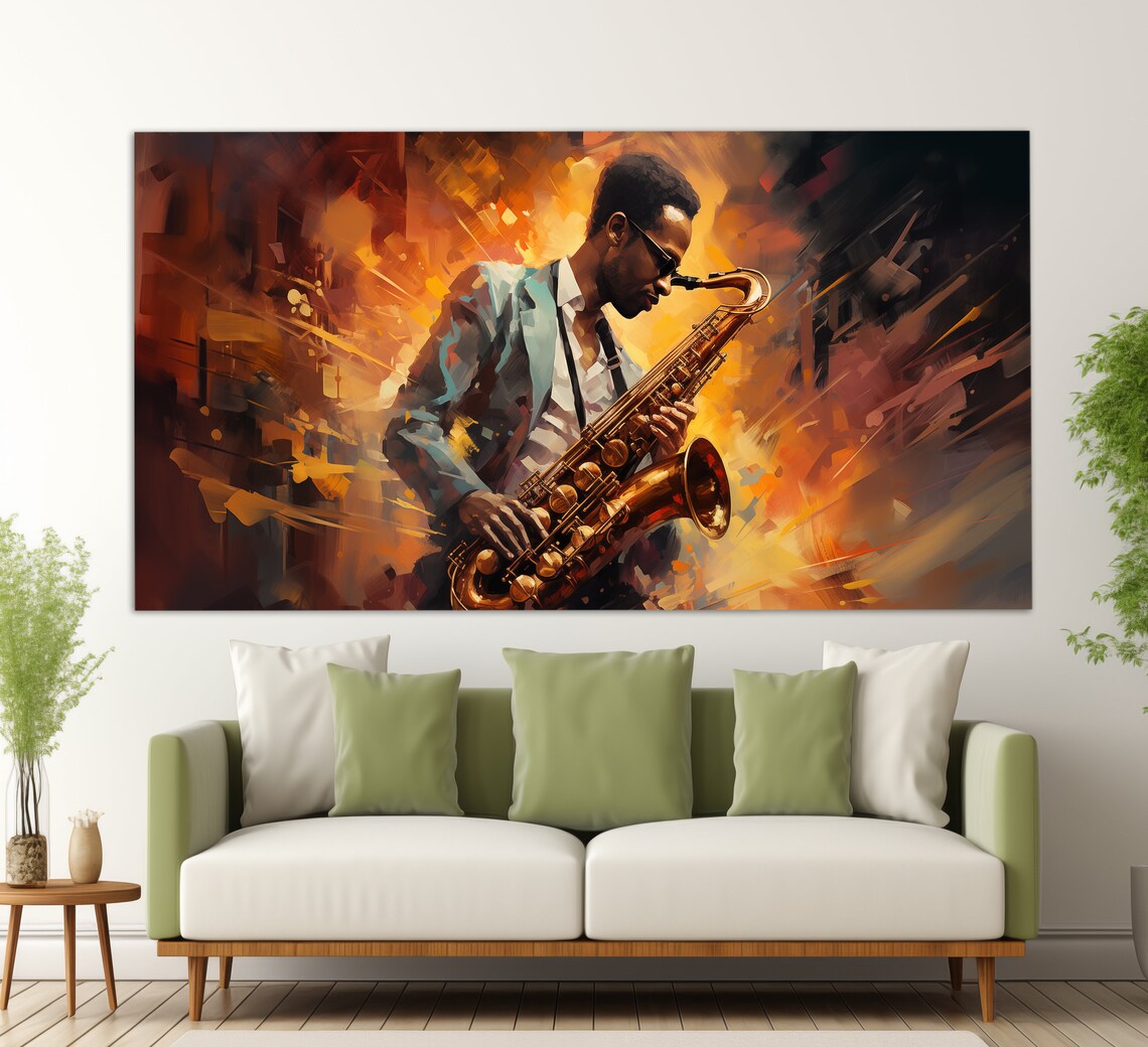 Saxophonist Playing Saxophone Fiery Orange Jazz Club Oil Painting Music Wall Art