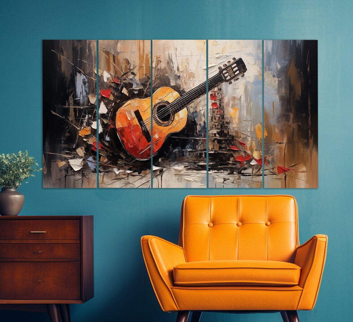 Acoustic Guitar Palette Knife Impasto Oil Style Abstract Retro Music Art Poster - Image 2