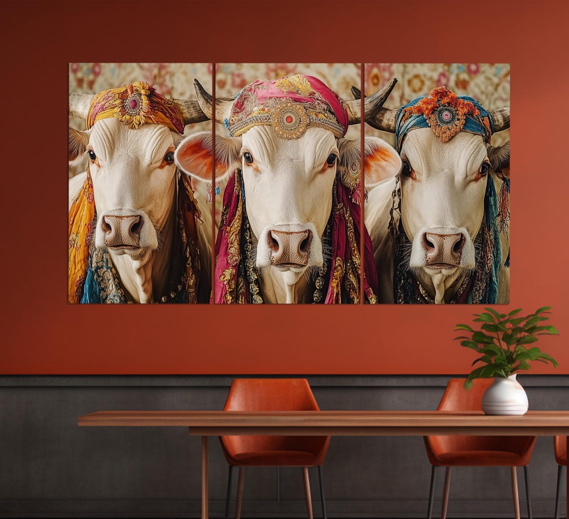 Sacred Cows In Indian Traditional Attire Decorated Whimsical Poster - Image 3