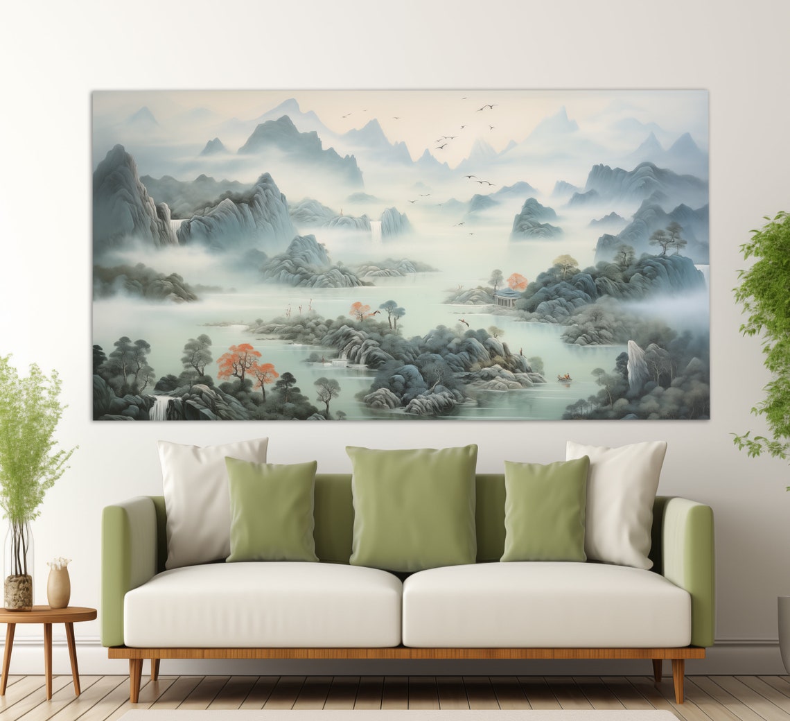Misty Chinese Ink Wash Mountains Waterfalls Autumn Trees Nature Poster