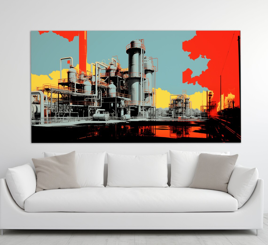 Industrial Refinery Plant Pop Art Red Yellow Teal Modern Art Poster - Image 3