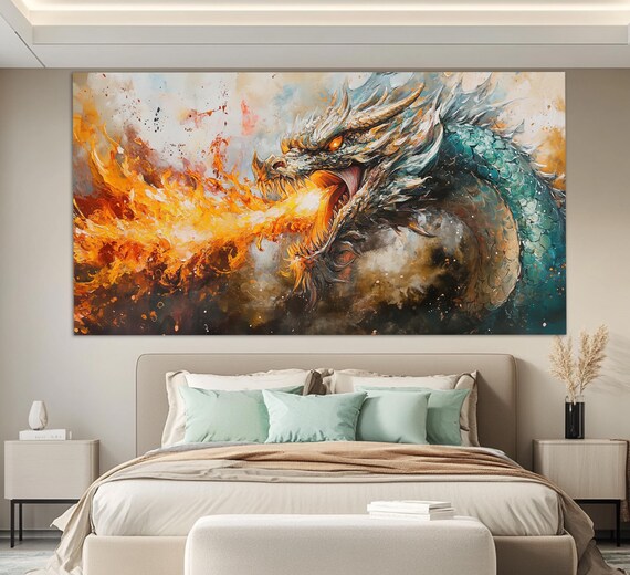 Fire Breathing Dragon Print In A Vintage Oil Painting Style Fantasy Wall Art Dragon Painting Medieval Wall Art Dragon Poster