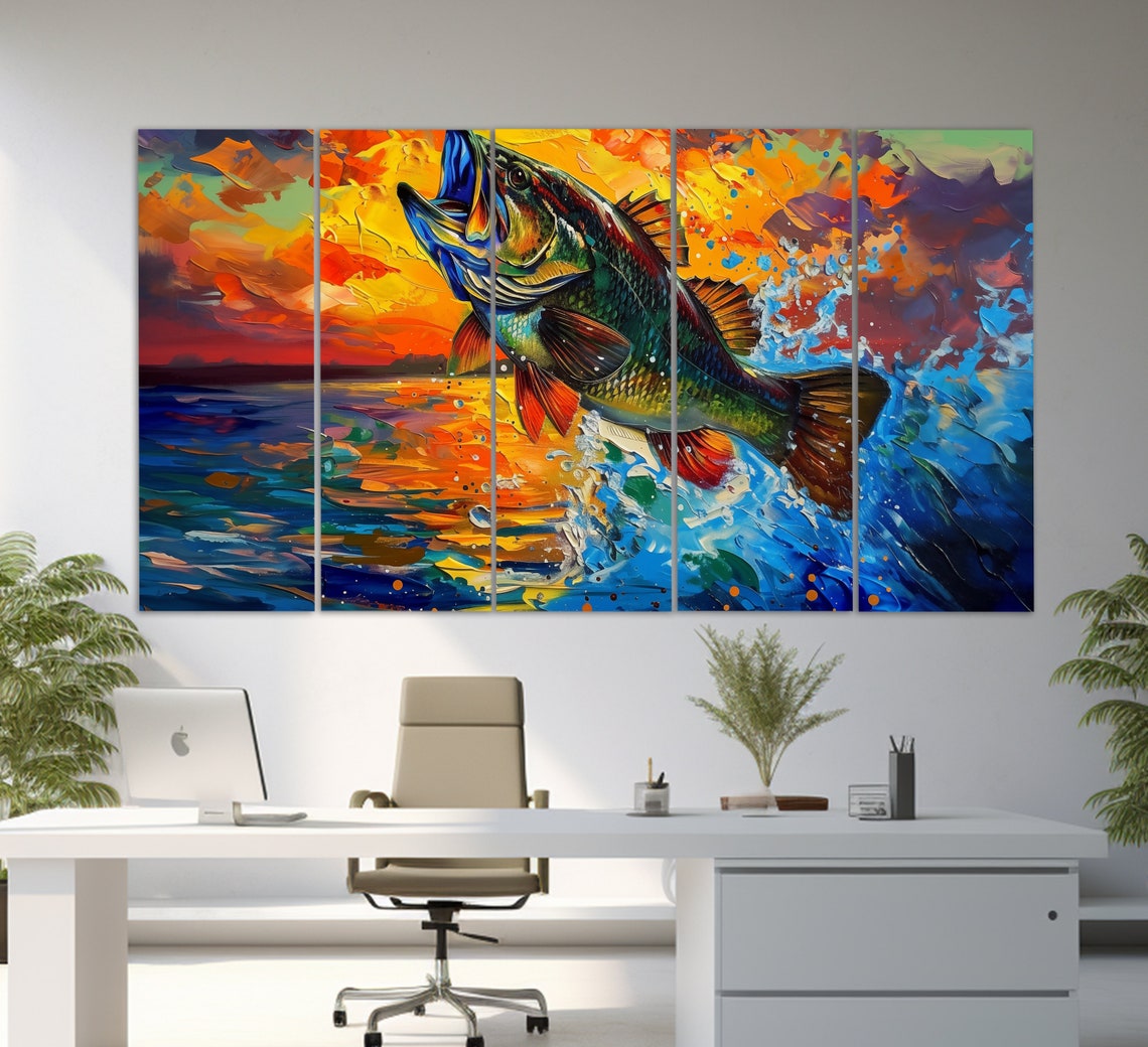 Abstract Big Bass Jump Print In A Painting Style Underwater Wall Art Colorful Bass Painting Fishing Wall Art Fisherman Gift - Image 2