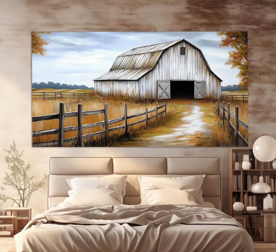 Rustic Red Barn Countryside Field Vintage Oil Painting Farm Art Poster