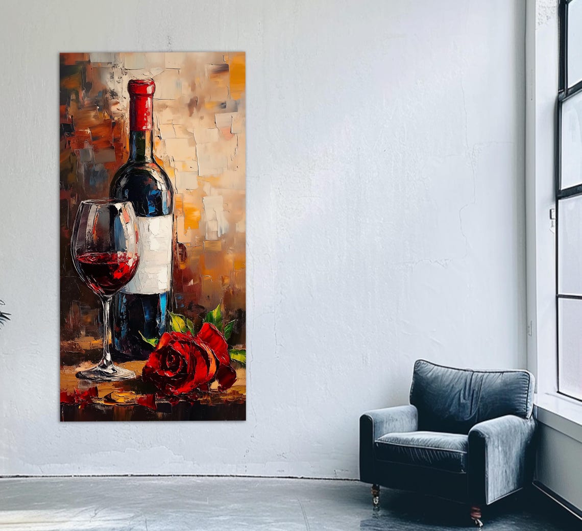 Red Wine Bottle Glass and Red Rose Romantic Still Life Poster - Image 2
