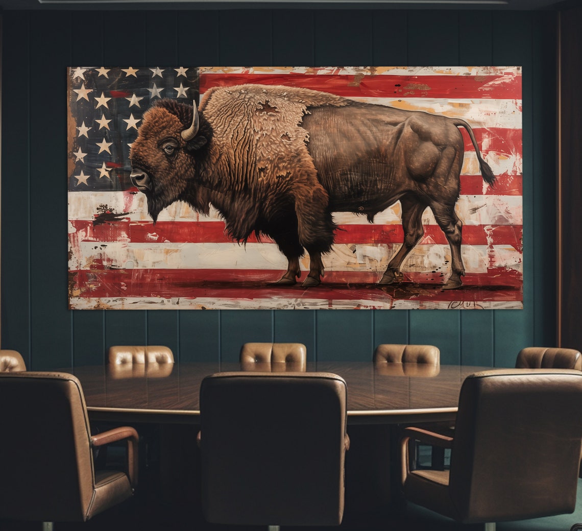 American Bison on Vintage US Flag Western Patriotic Art Poster