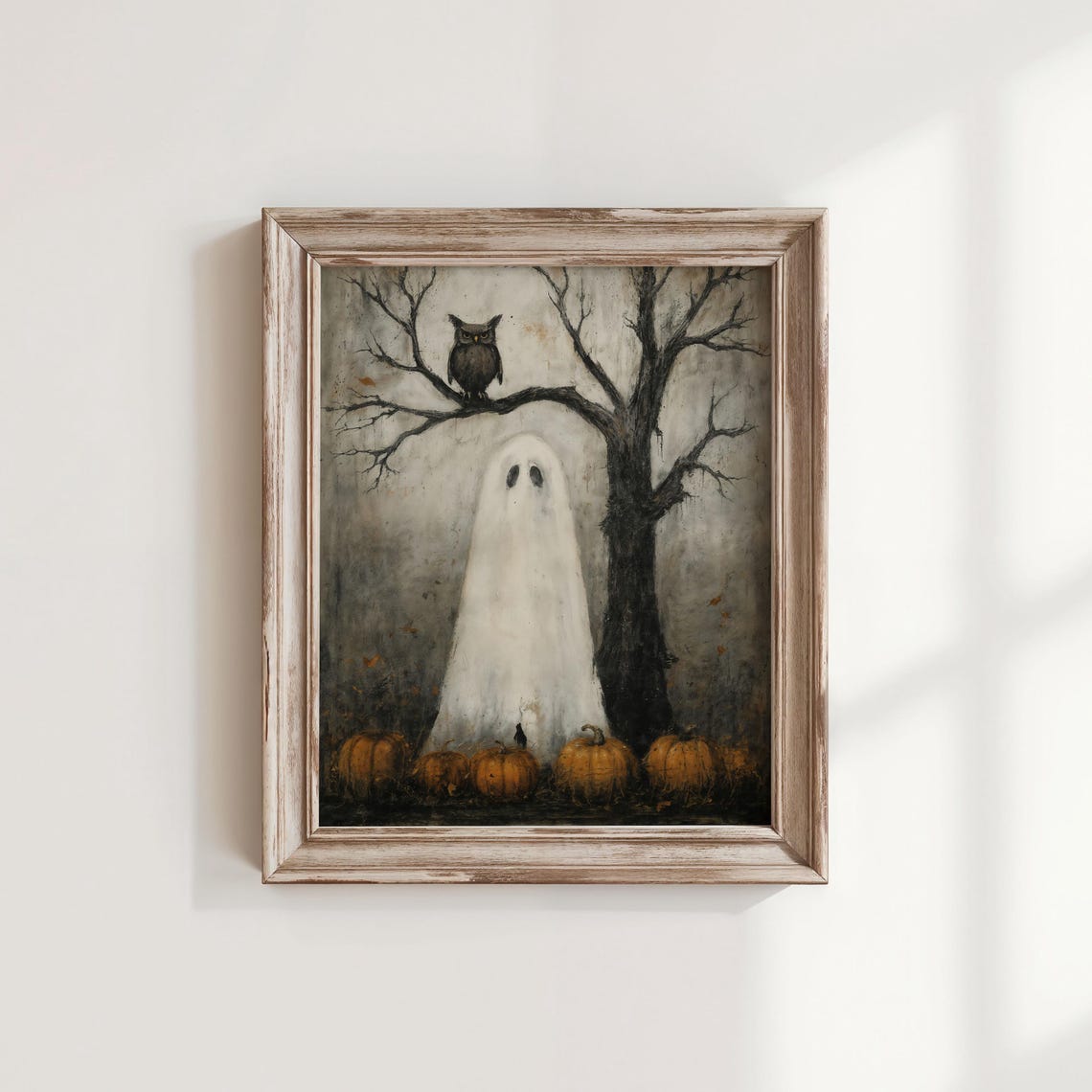 Sheet Ghost Pumpkins Owl Bare Tree Vintage Halloween Art Poster