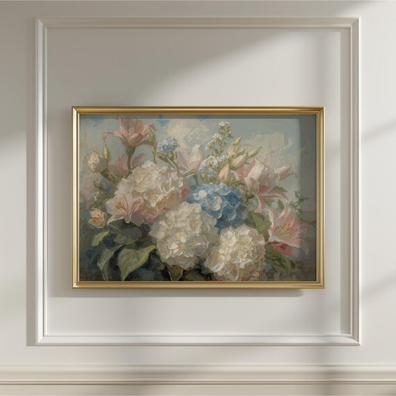 Pastel Peony and Lily Bouquet Elegant Floral Oil Painting Poster