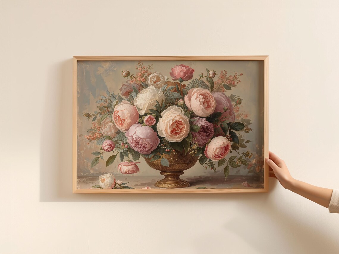 Blush Pink Roses in Golden Urn Classic Floral Oil Painting Poster