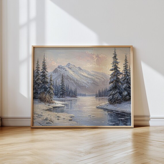 Snowy Mountain River Pines Winter Sunset Vintage Landscape Poster