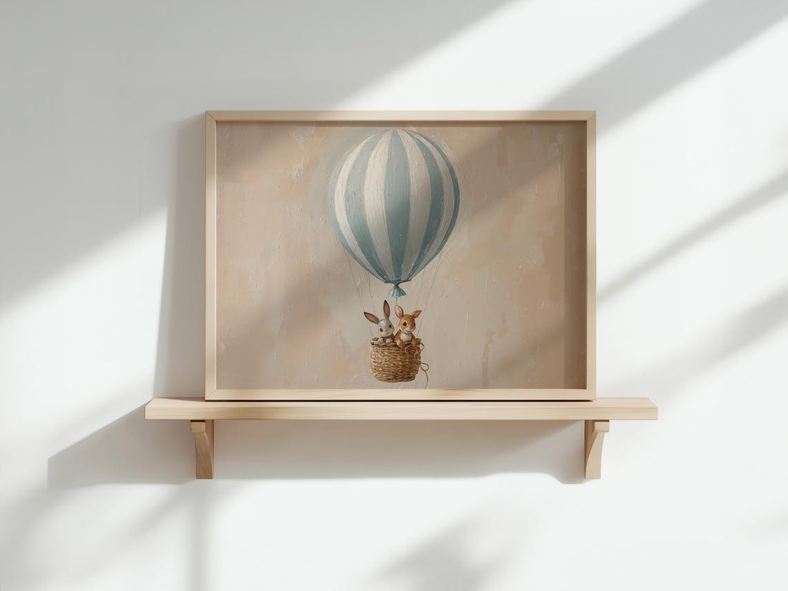 Animals In Balloon Nursery Print Pastel Sky Decor