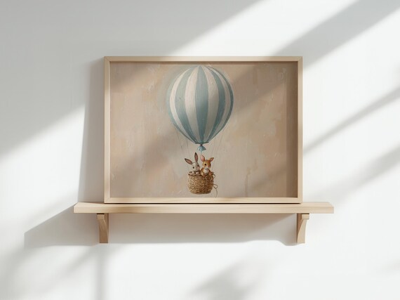 Sweet Bunny and Puppy Riding a Hot Air Balloon Nursery Print