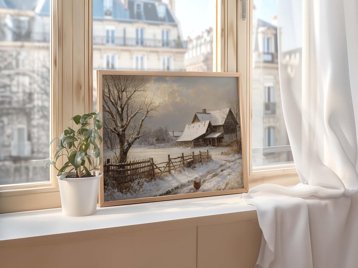 Snowy Winter Farm Barn and Bare Tree Vintage Christmas Scene Poster