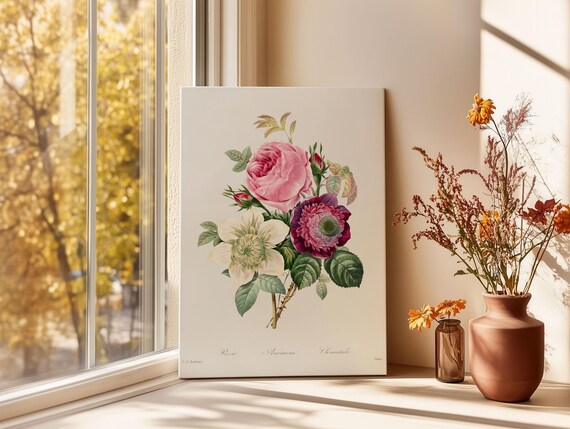 Vintage Rose Anemone Botanical French Floral Bouquet Art Poster