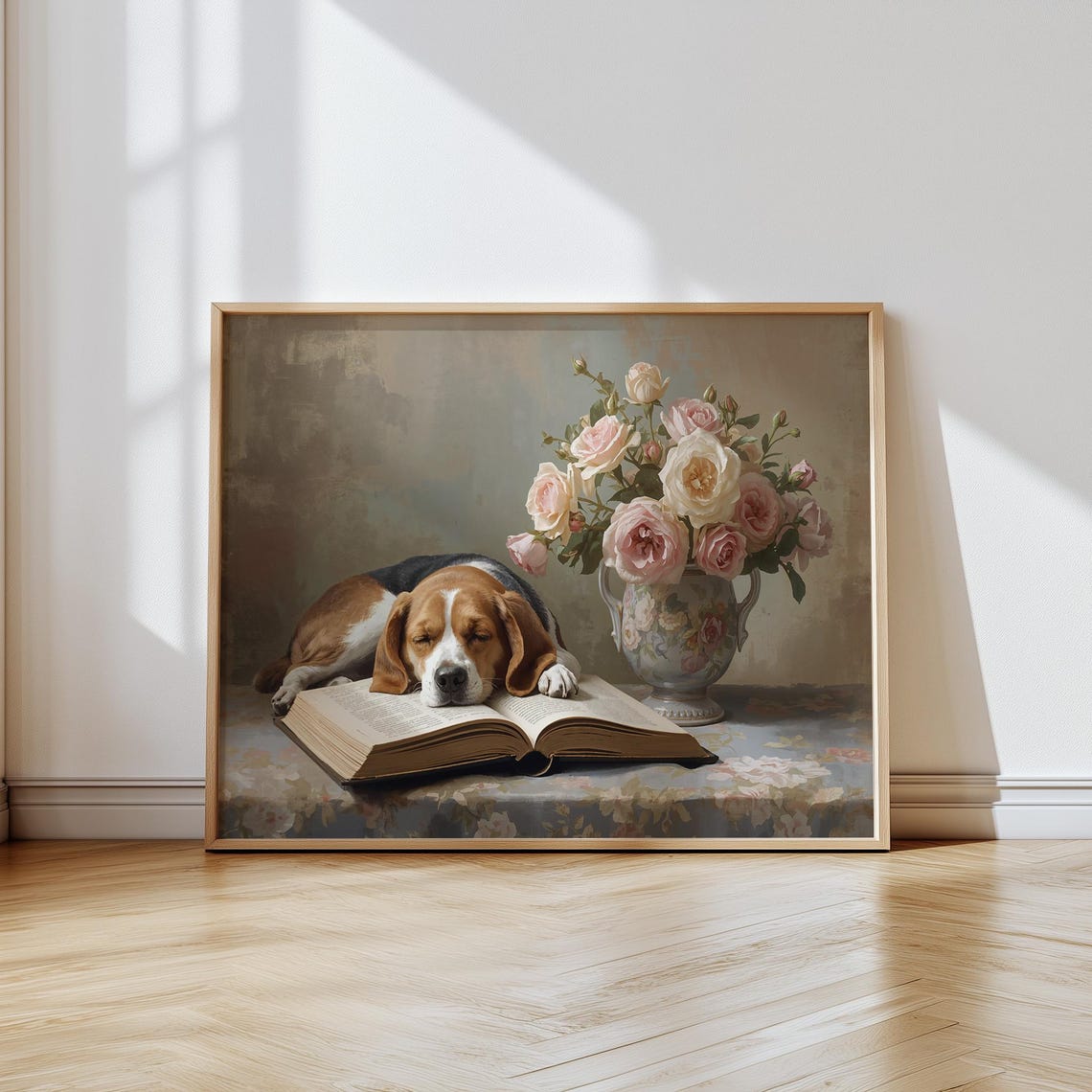 Sleeping Beagle Puppy on Open Book With Roses Vintage Painting Poster