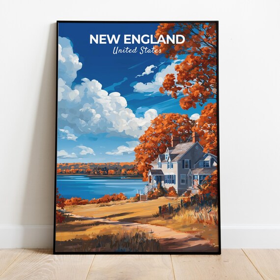 New England Print Travel Poster Of Scenic Autumn Foliage And Historic Villages Usa Gift