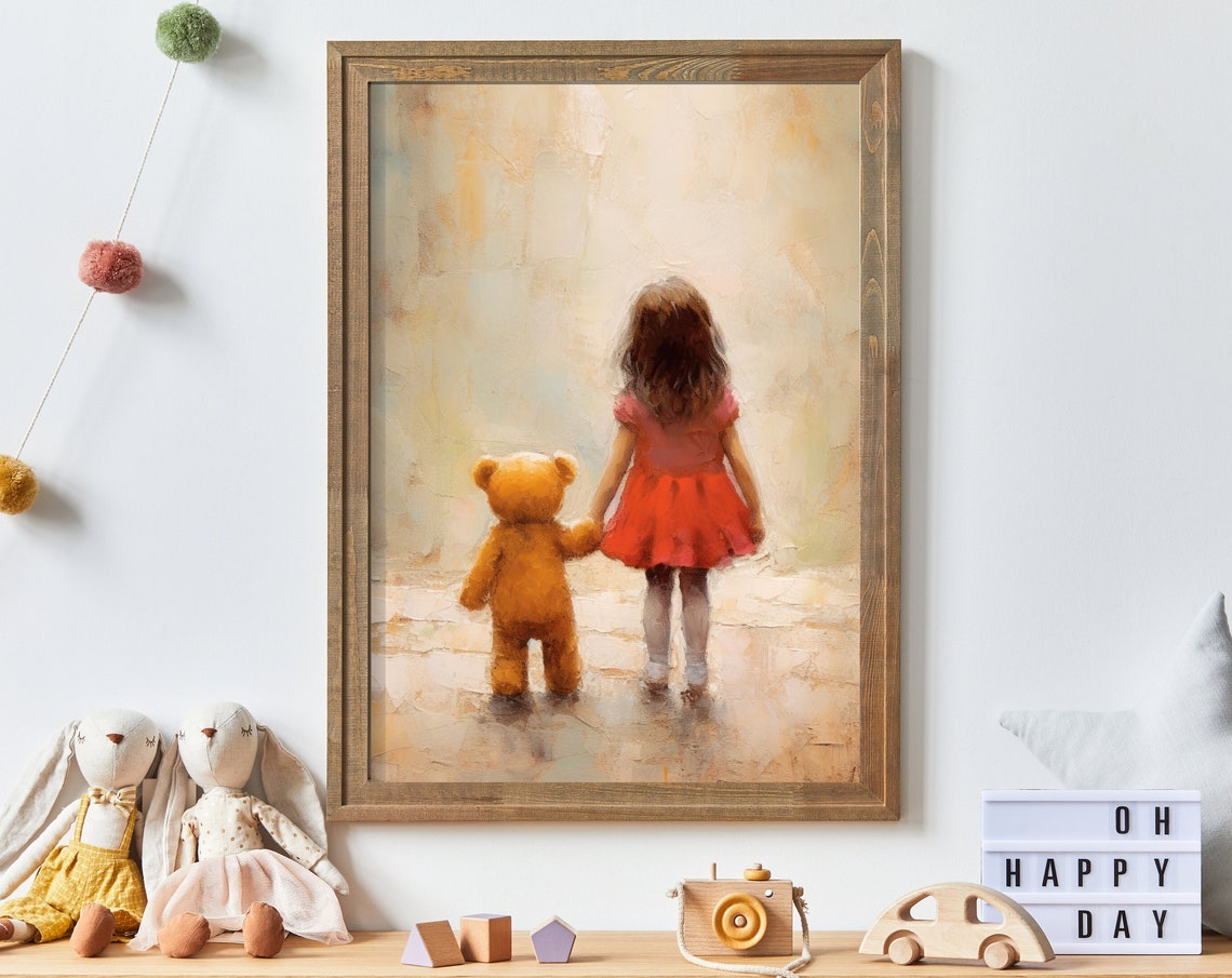 Little Girl In Red Dress Walking Hand In Hand With Teddy Bear Poster