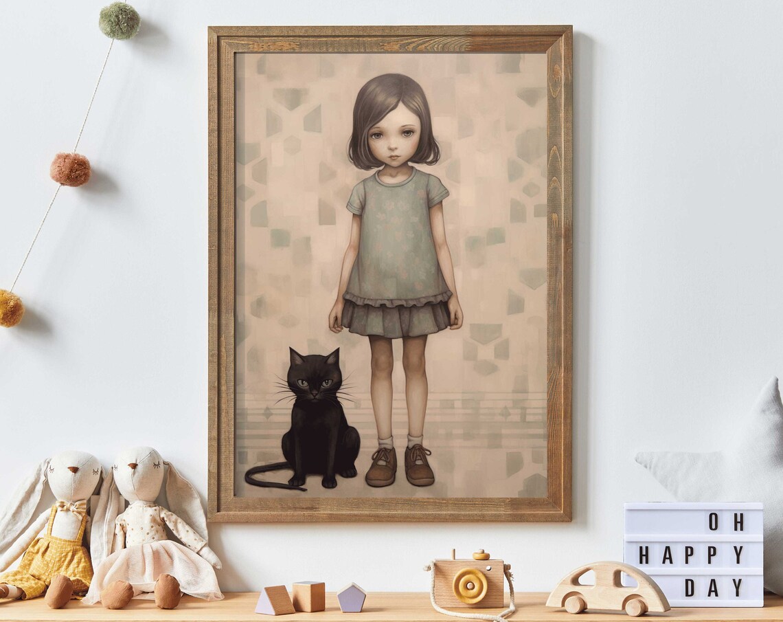 Vintage Little Girl with Black Cat Whimsical Nursery Wall Art for Girls