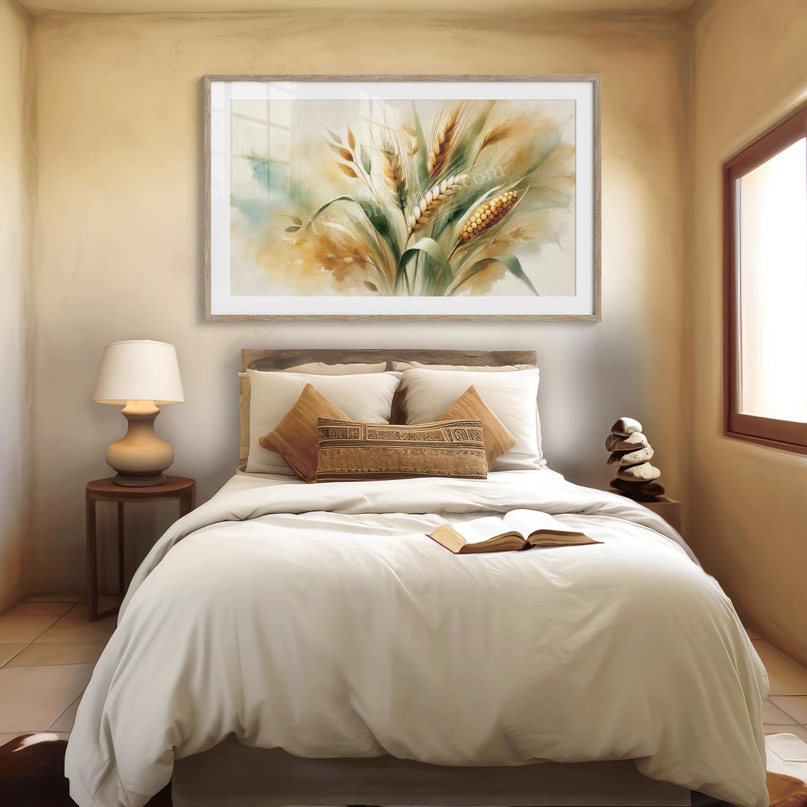 Soft Neutral Wheat and Corn Harvest Bouquet Watercolor Poster