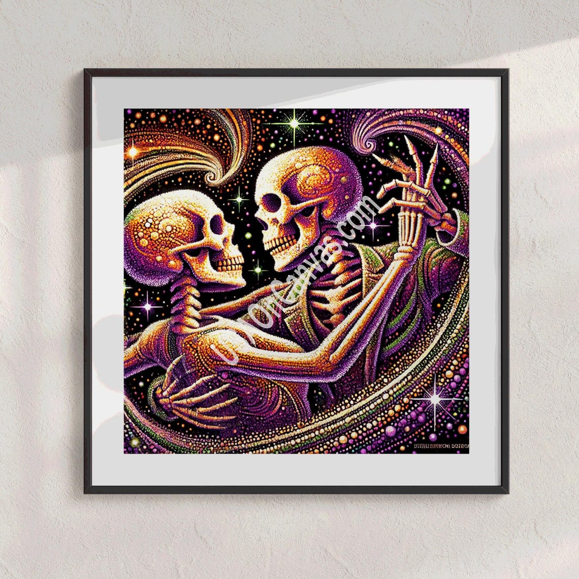 A Surreal Scene Featuring Two Skulls Engaged In Salsa Dancing Created In A Pointillism Style Wall Decor Art Prints