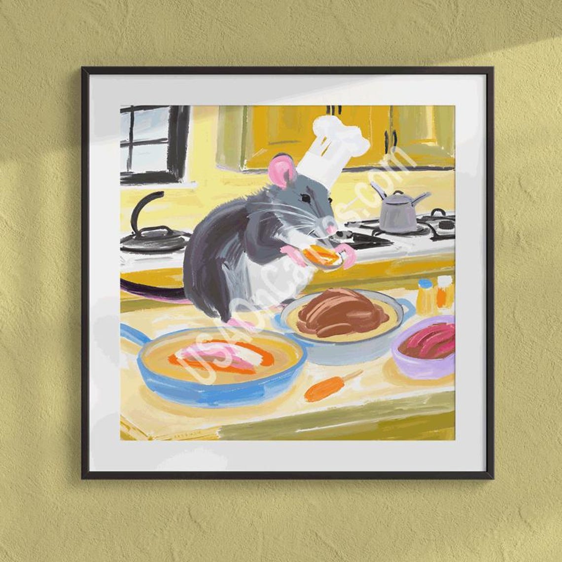 Gray Rat Chef in Tall Hat Cooking Over Sizzling Skillets Poster