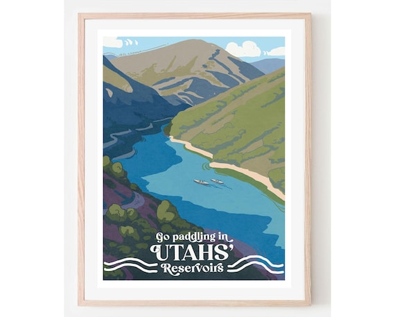 Go Paddling in Utahs Reservoirs Vintage Travel Poster Canoes Green Hills Art