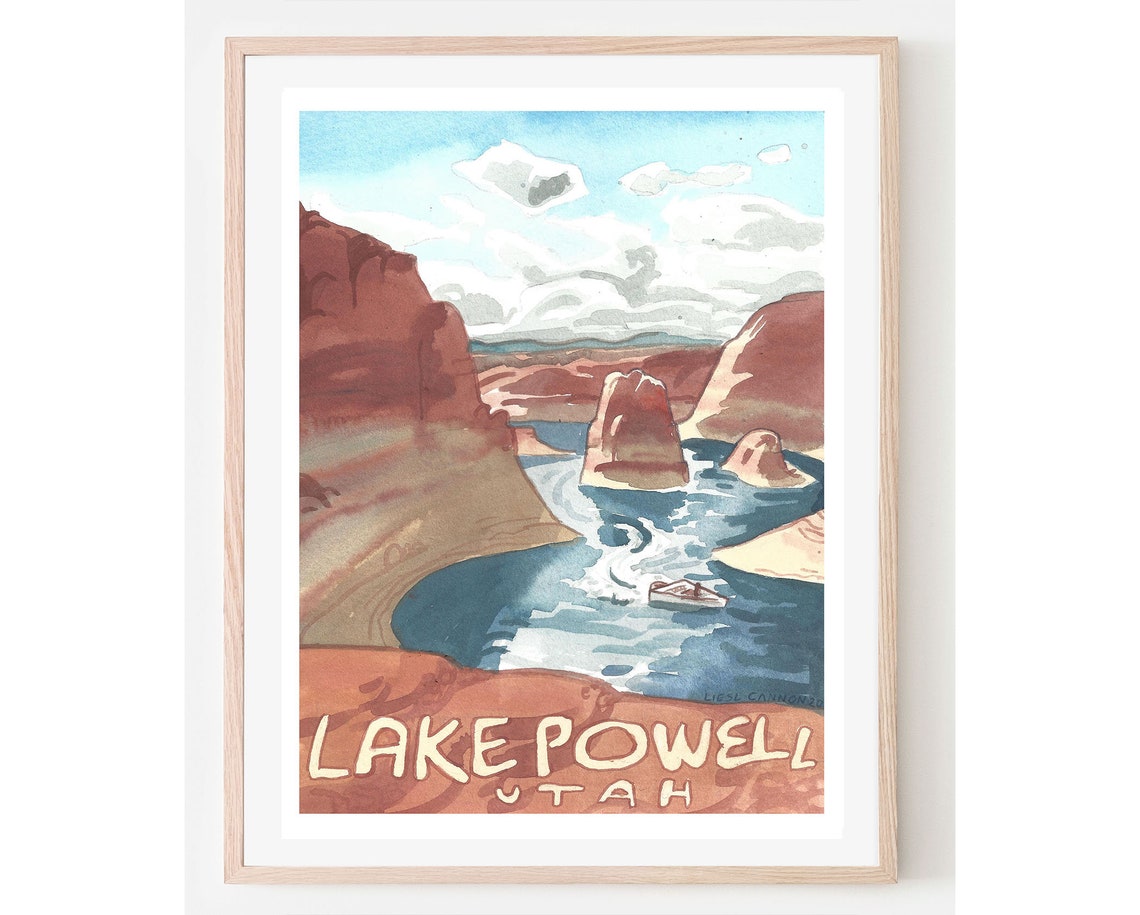 Lake Powell Utah Red Rock Canyon Boat Watercolor Travel Poster