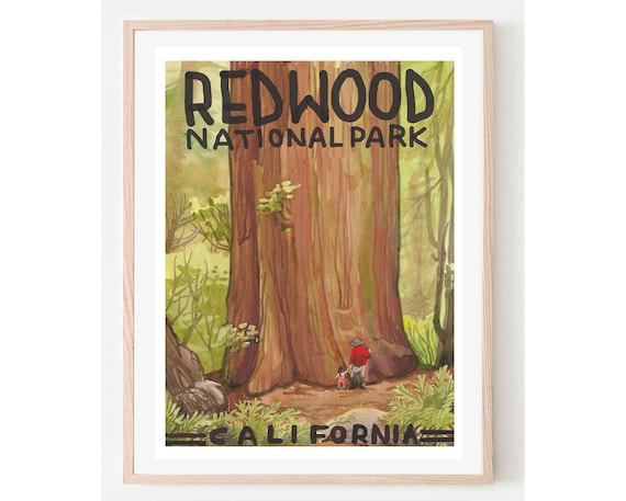 Redwood National Park California Vintage Giant Tree Travel Poster