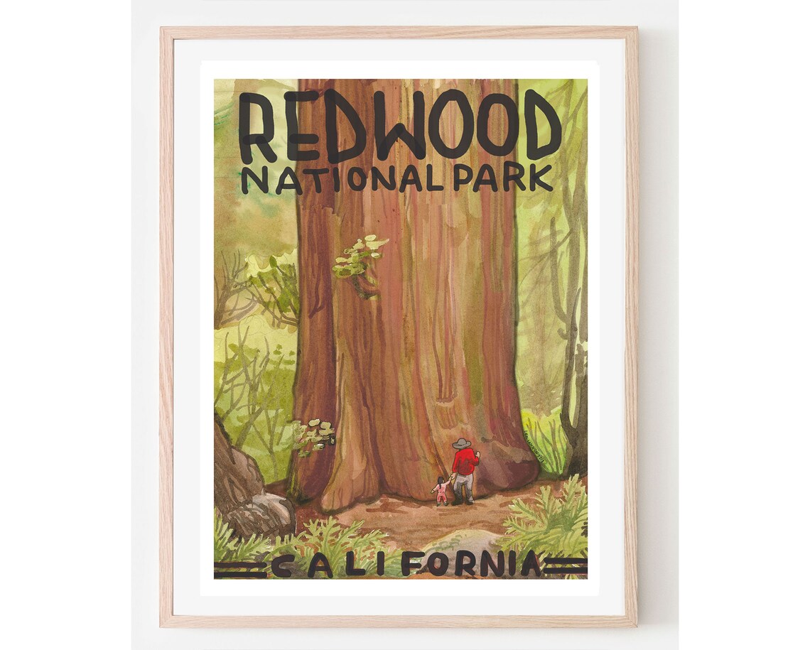 Redwood National Park California Vintage Giant Tree Travel Poster