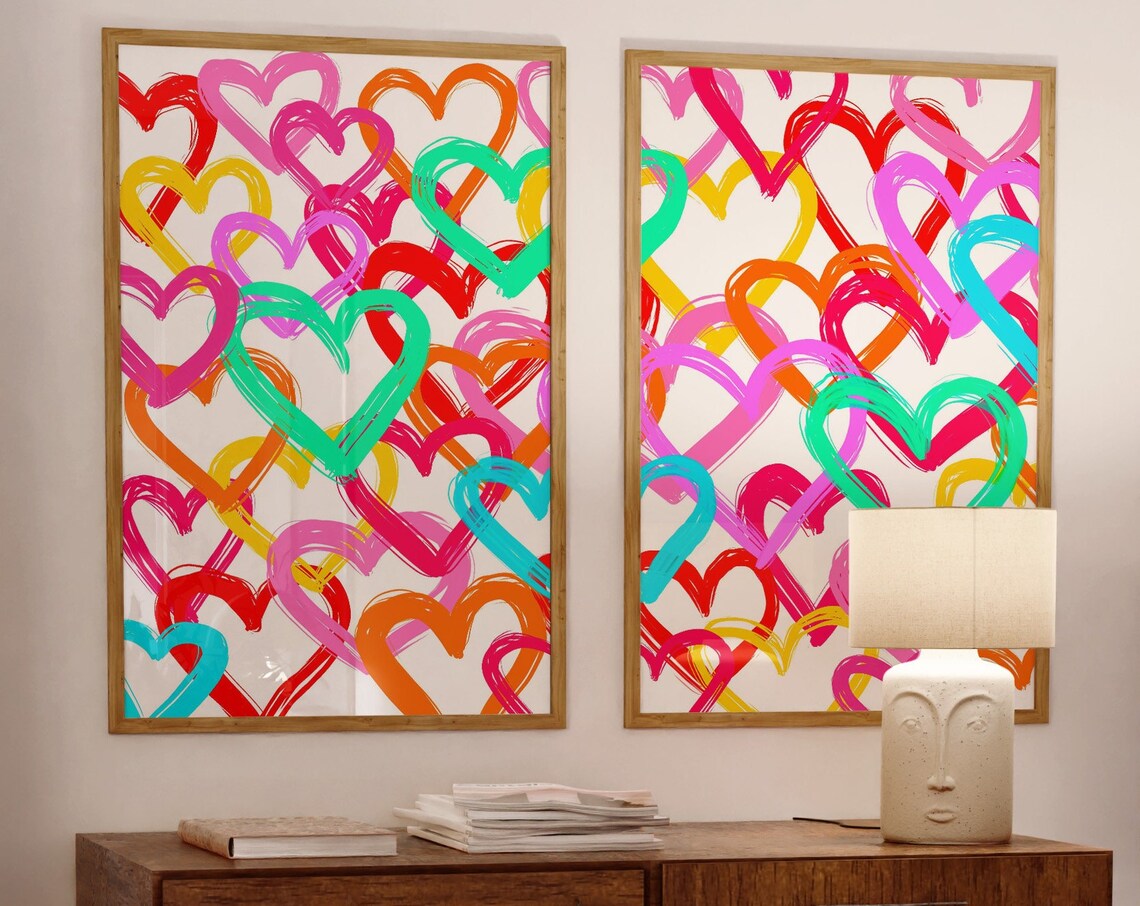 Colorful Hearts Wall Art Preppy Vibrant Trendy Poster Pink Orange Graffiti Funky College Teen Girl Room Decor