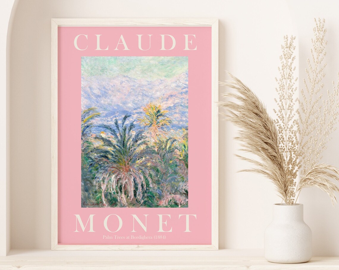 Claude Monet Palm Trees at Bordighera 1884 Pink Border Poster