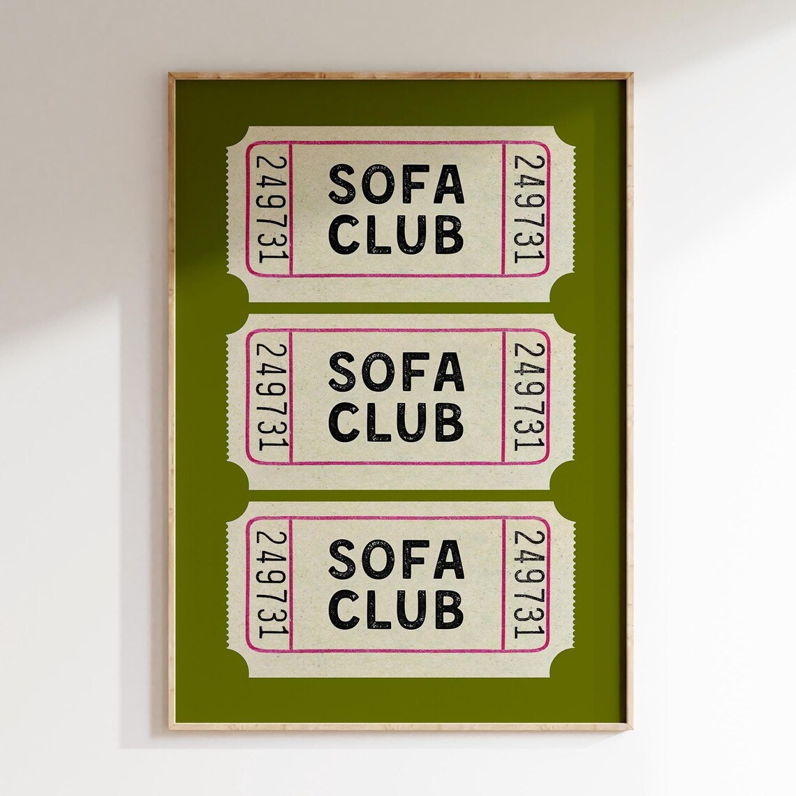 Sofa Club Vintage Ticket Stub Art Olive Green Living Room Poster
