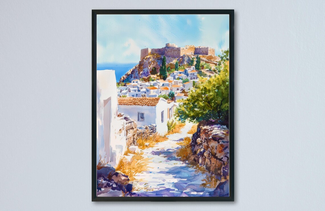 Greek Island White Village Hilltop Castle Watercolor Aegean Poster