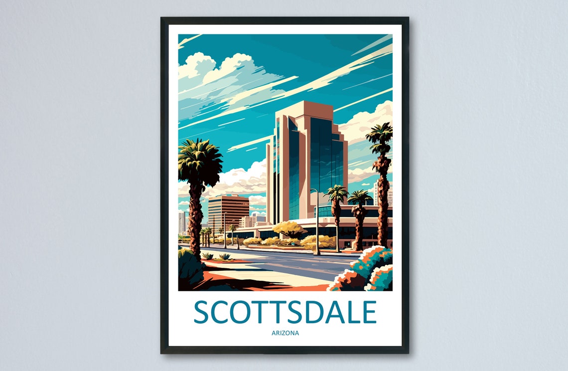 Scottsdale Arizona Vintage Downtown Palm Tree Travel Poster Cityscape