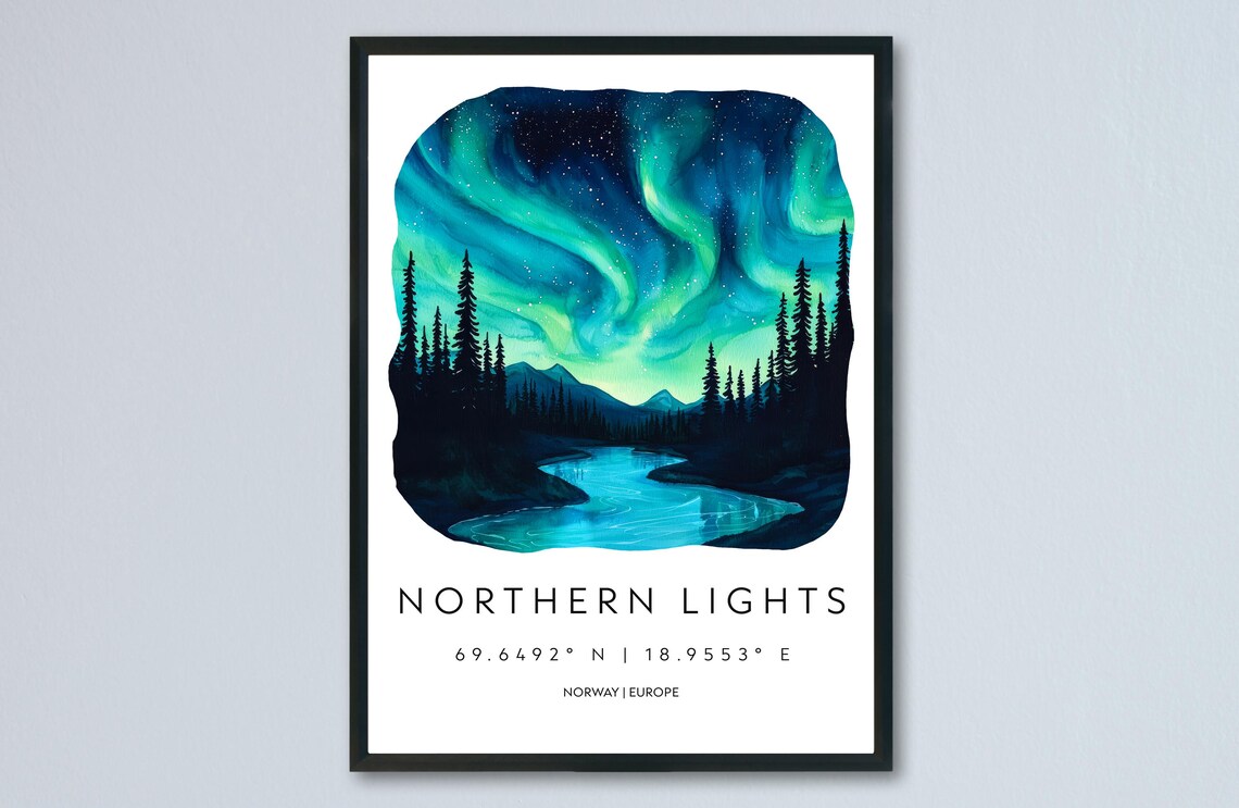 Northern Lights Norway Aurora Borealis Watercolor Travel Poster